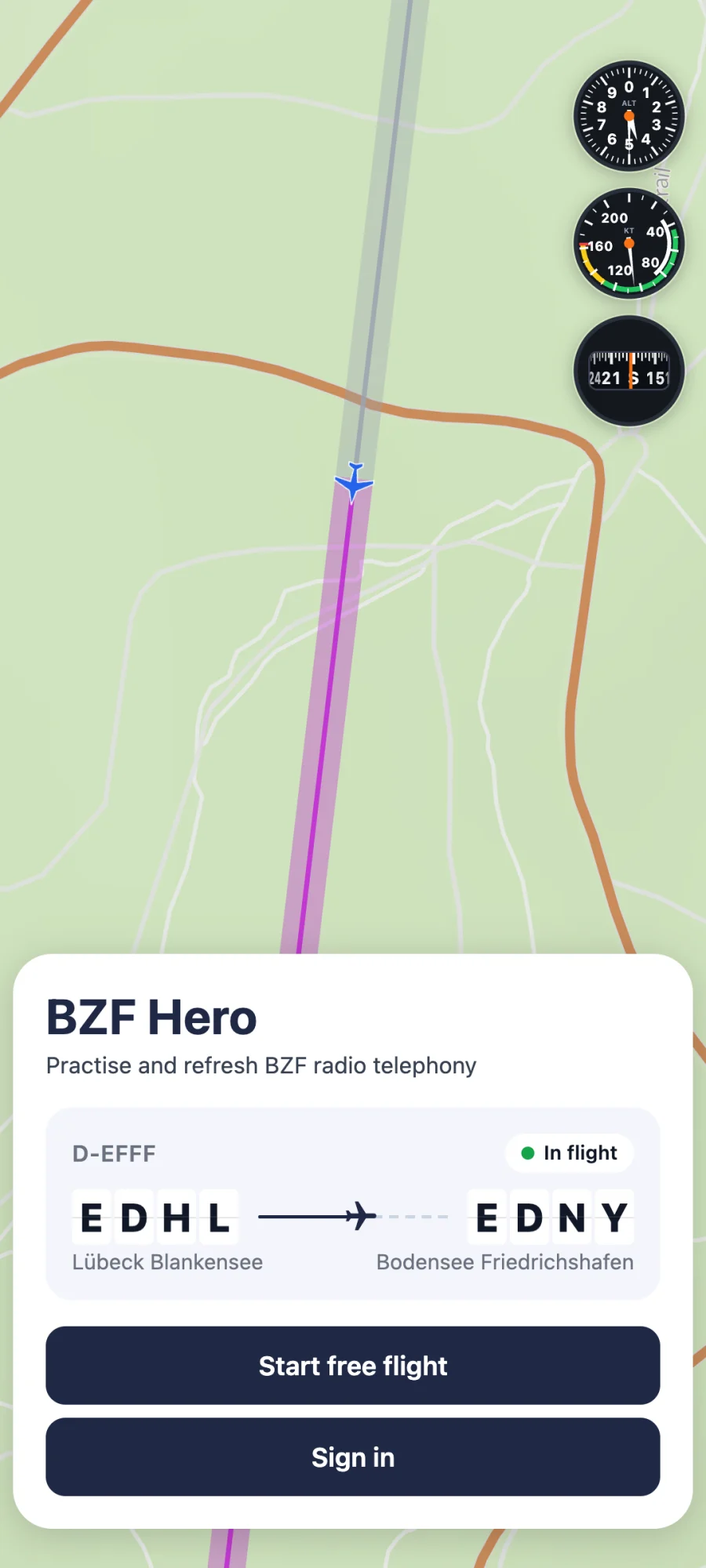 Screen of the BZF Hero app: Talk like a pilot