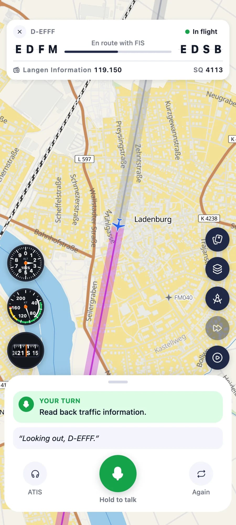 Screen of the BZF Hero app: Real airfields and airspace