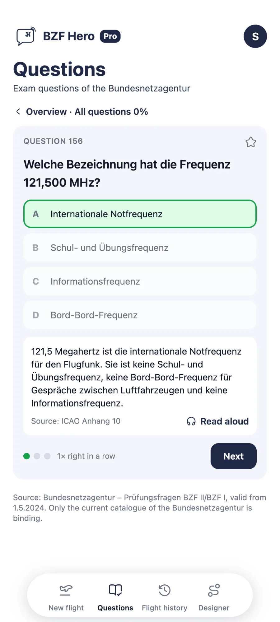 Screen of the BZF Hero app: Every official exam question